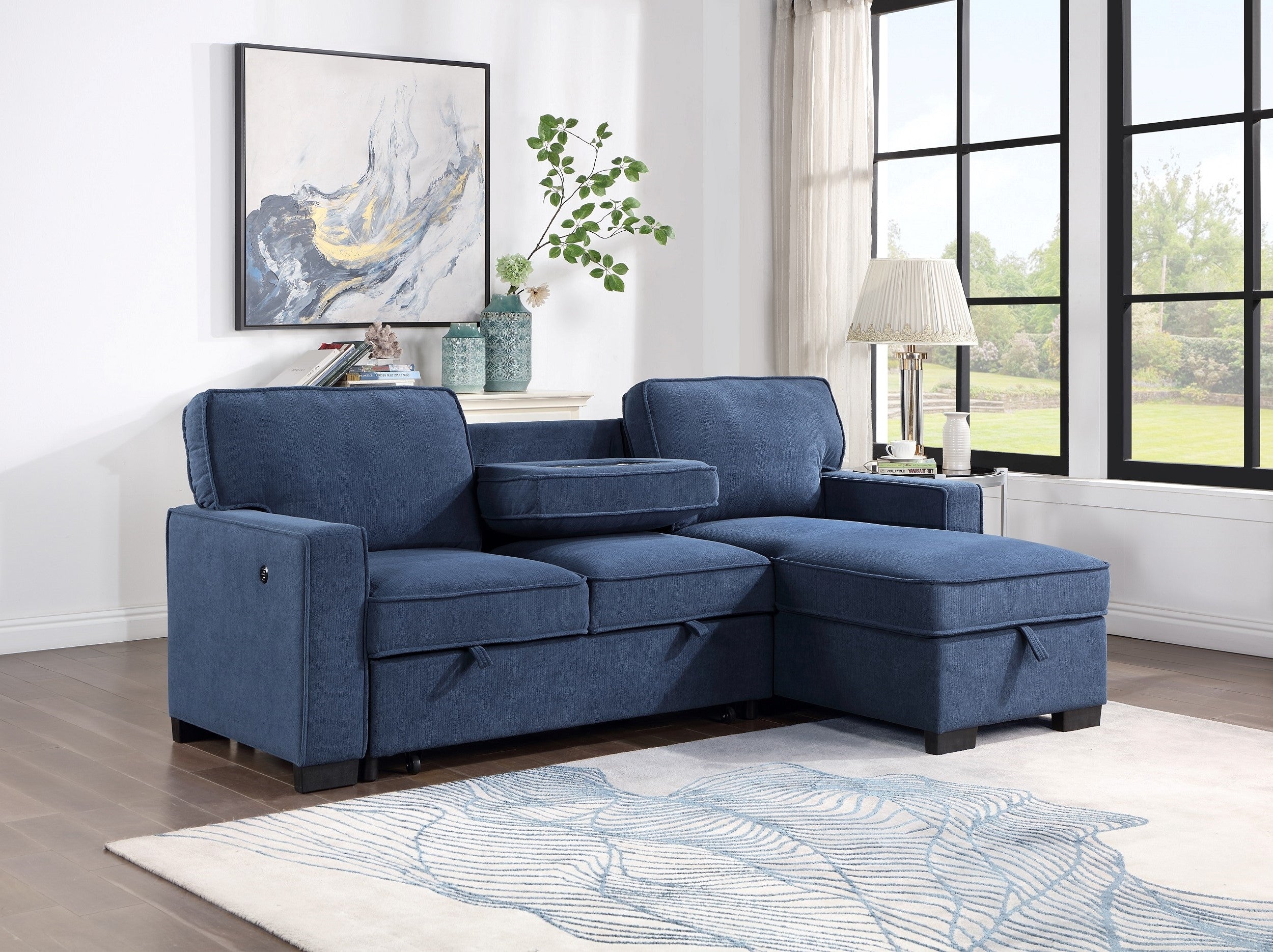 SH8891BLU* 2PC SECTIONAL W/ PULL-OUT BED &amp; LAF CHAISE WITH STORAGE