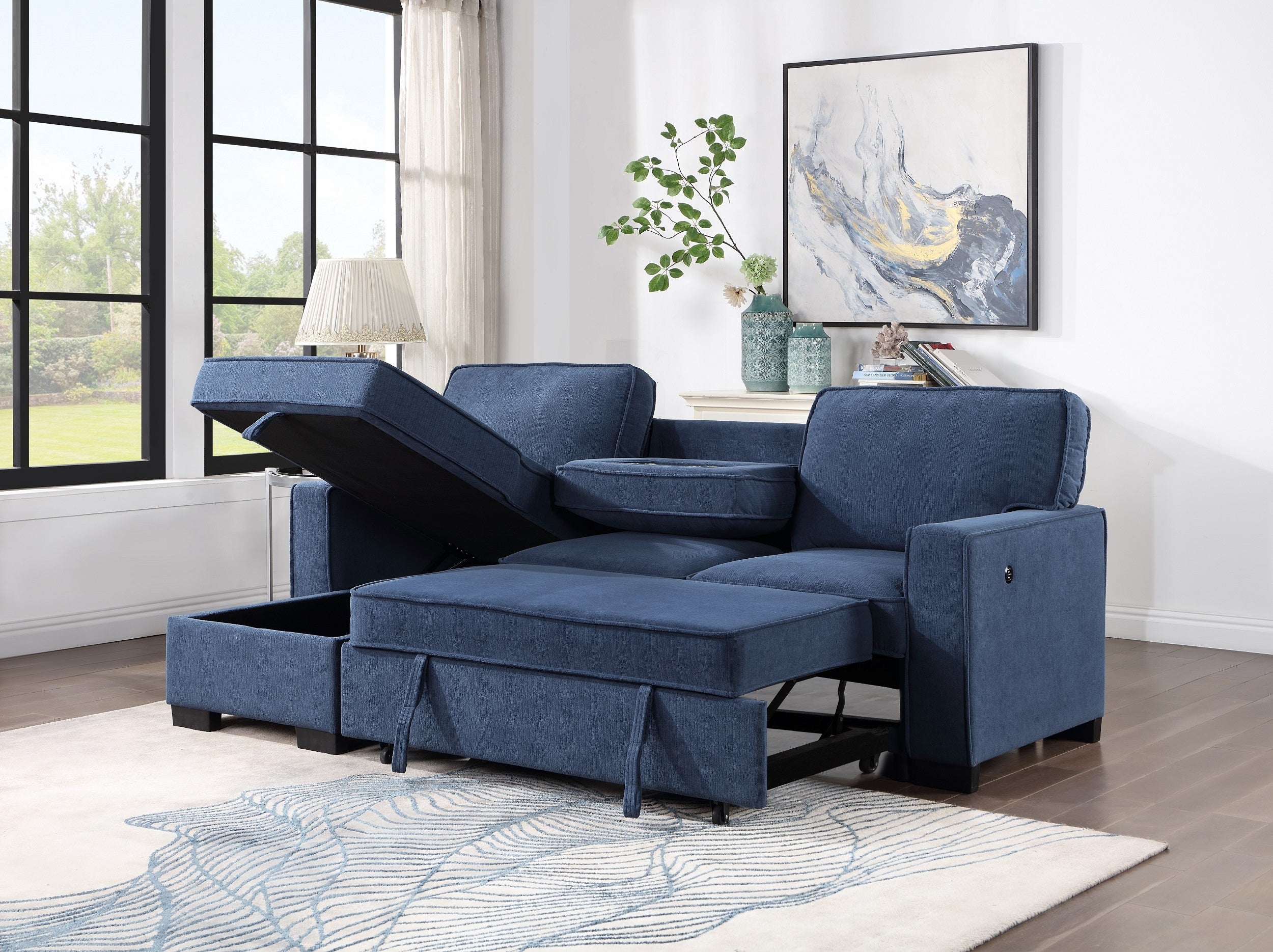 SH8891BLU* 2PC SECTIONAL W/ PULL-OUT BED &amp; LAF CHAISE WITH STORAGE