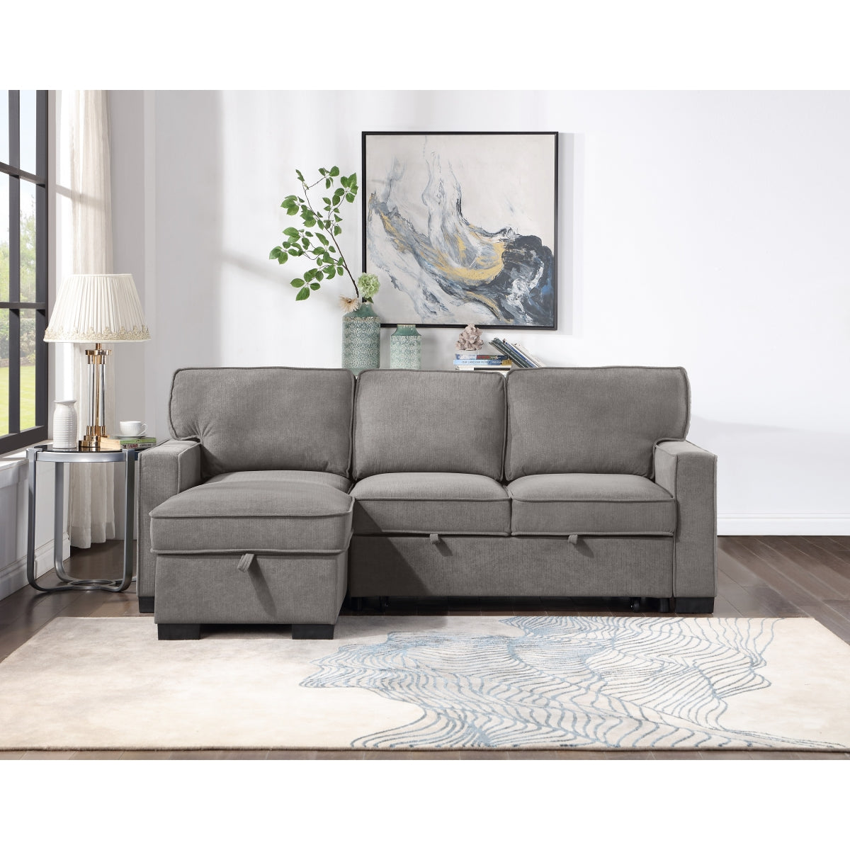 SH8891GRY* 2PC SECTIONAL W/ PULL-OUT BED &amp; LAF CHAISE WITH STORAGE