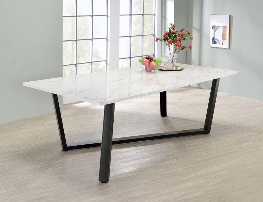 Rectangular Dining Table Faux White Marble and Gunmetal