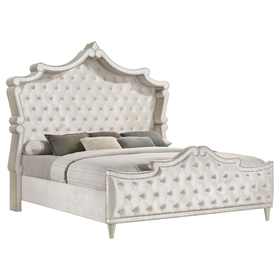 Upholstered Tufted Eastern King Bed Ivory and Camel