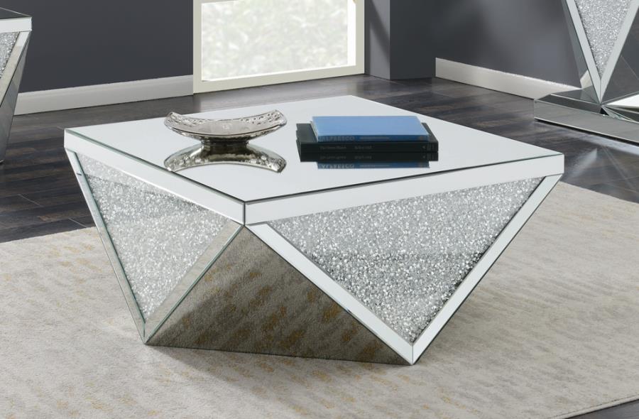 Square Coffee Table with Triangle Detailing Silver and Clear Mirror