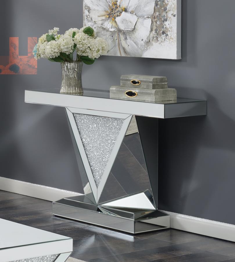 Rectangular Sofa Table with Triangle Detailing Silver and Clear Mirror