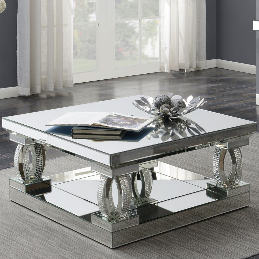 Square Coffee Table with Lower Shelf Clear Mirror